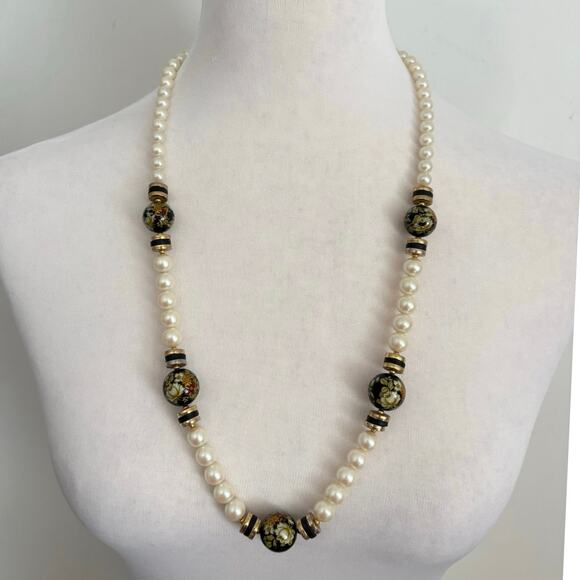 Unbranded Jewelry - Vintage Japan Faux Pearl Floral Bead Necklace Gold Black Enamel 18”
